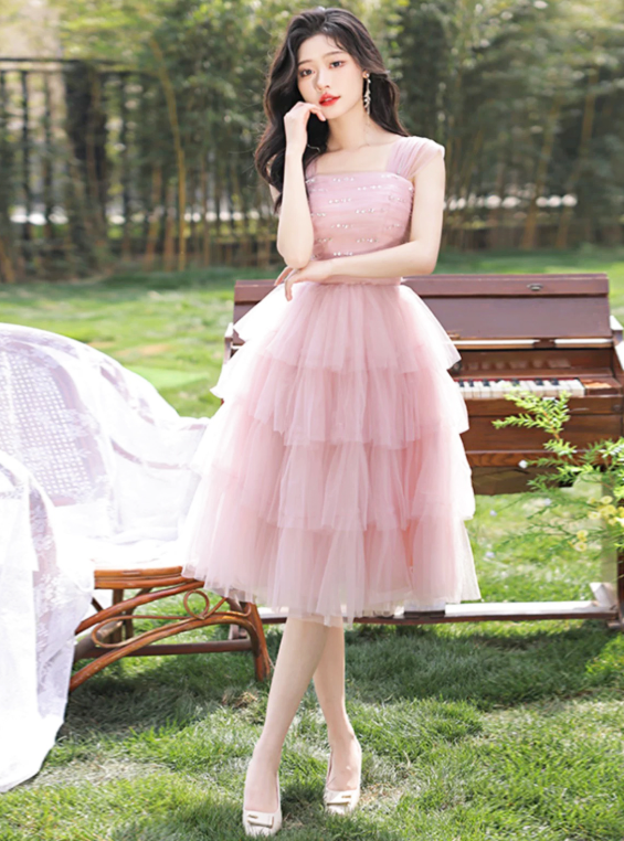 Lovely Pink Beaded Homecoming Dress ,A-Line Off-the-shoulder Frilled Corset Short Prom Dress RS812
