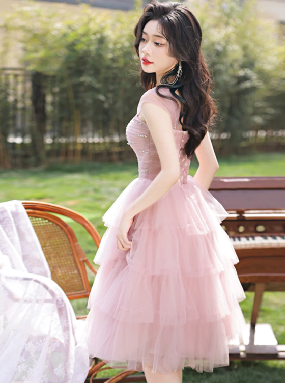 Lovely Pink Beaded Homecoming Dress ,A-Line Off-the-shoulder Frilled Corset Short Prom Dress RS812