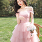 Lovely Pink Beaded Homecoming Dress ,A-Line Off-the-shoulder Frilled Corset Short Prom Dress RS812