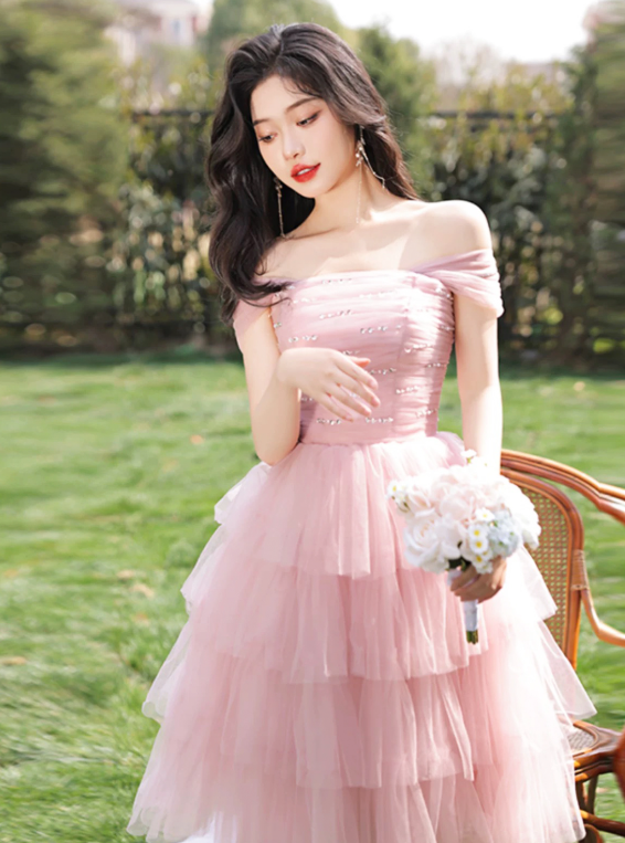 Lovely Pink Beaded Homecoming Dress ,A-Line Off-the-shoulder Frilled Corset Short Prom Dress RS812