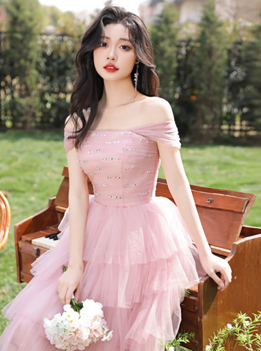 Lovely Pink Beaded Homecoming Dress ,A-Line Off-the-shoulder Frilled Corset Short Prom Dress RS812