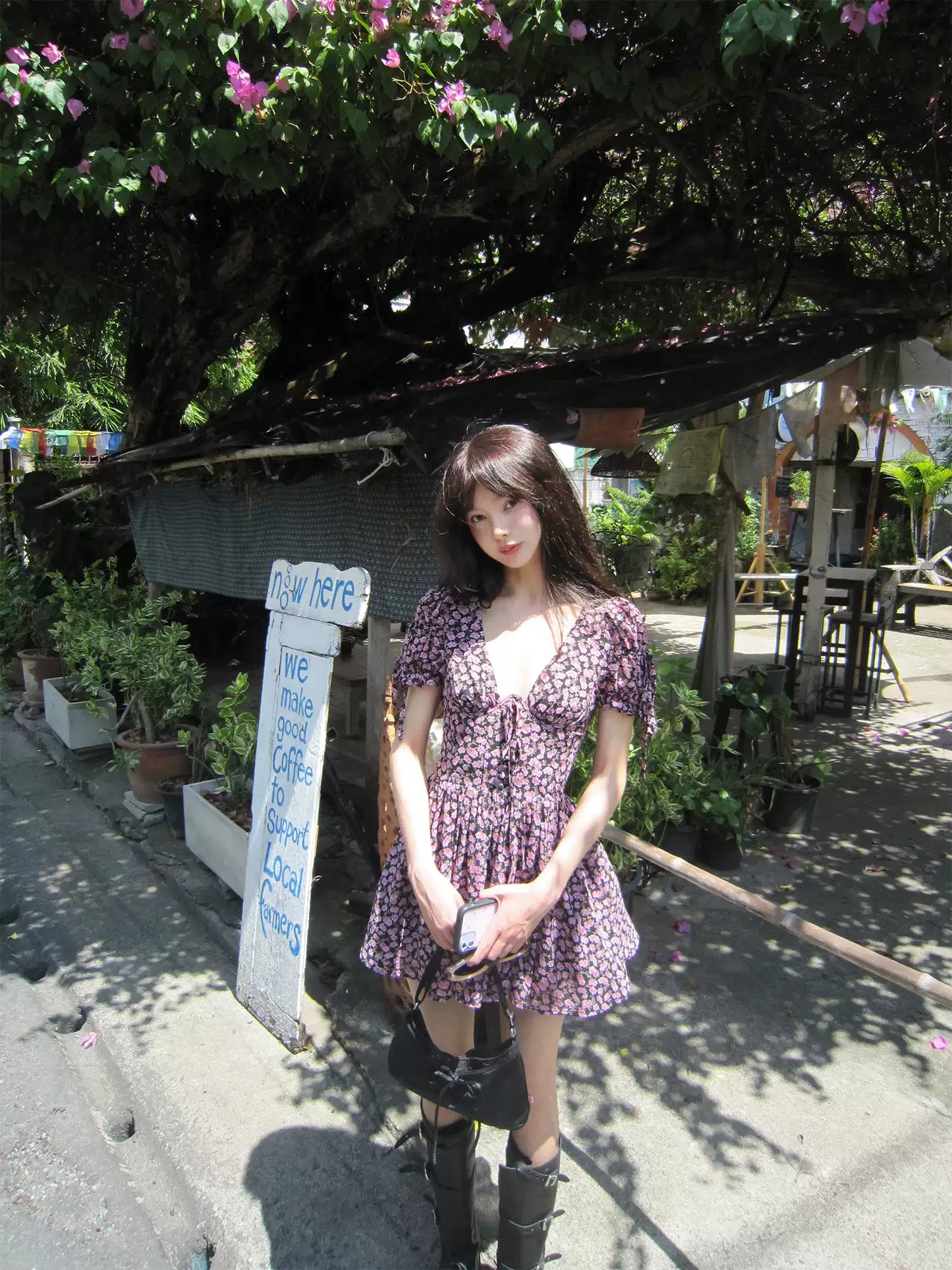 Floral print puff sleeve V-neck A-line dress R9103