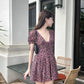 Floral print puff sleeve V-neck A-line dress R9103