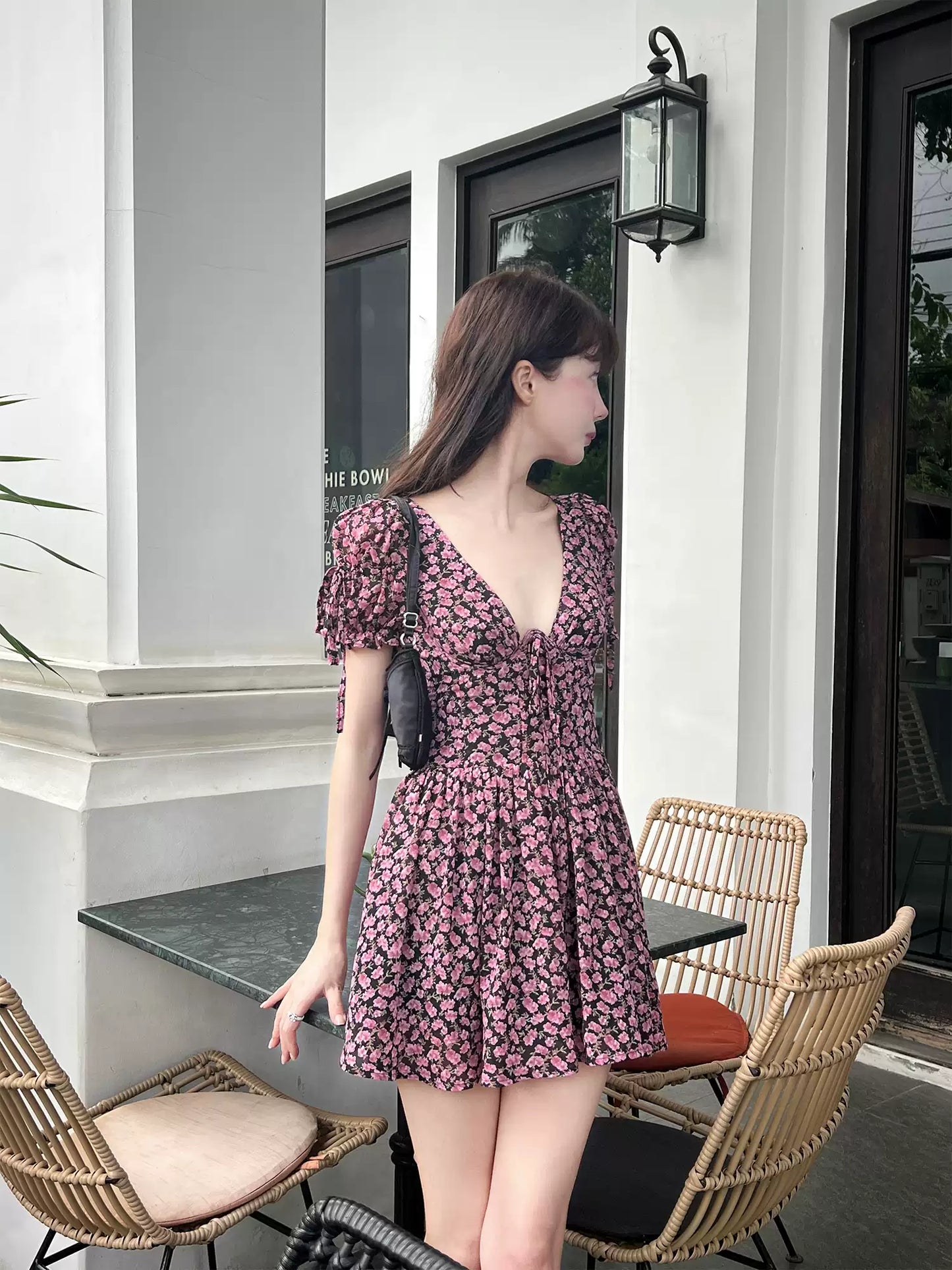 Floral print puff sleeve V-neck A-line dress R9103
