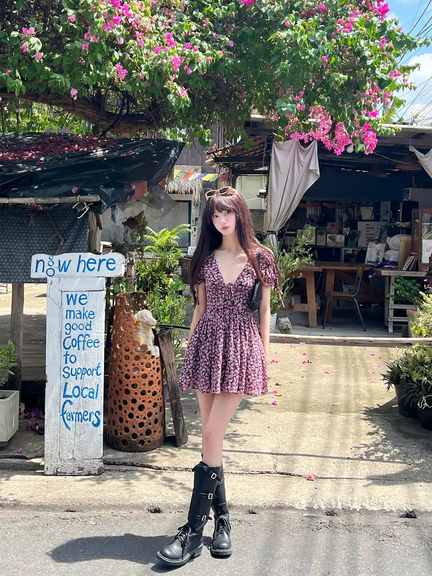 Floral print puff sleeve V-neck A-line dress R9103