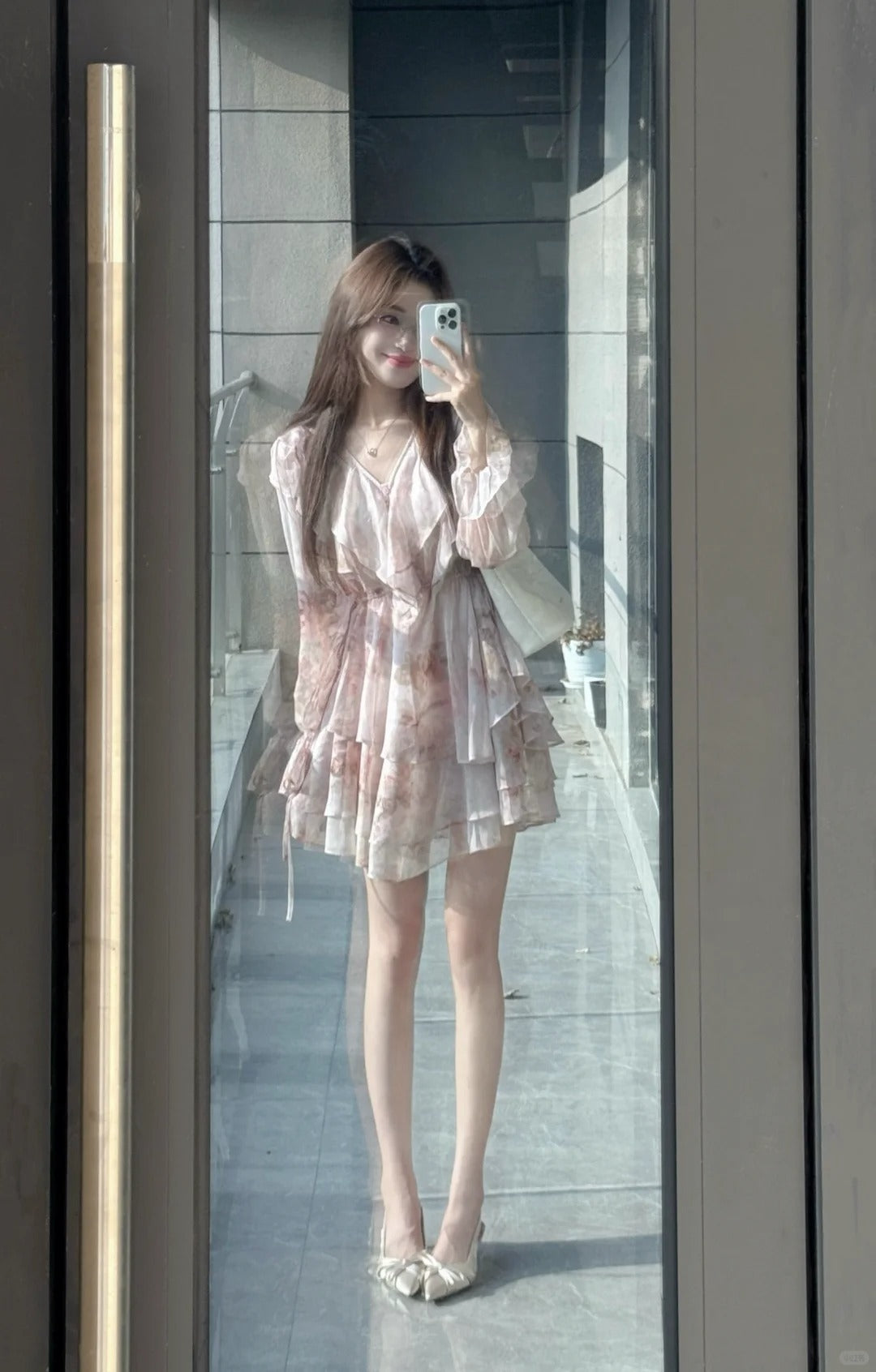 Chiffon Watercolor Print Long Sleeve A-Line Dress R9104