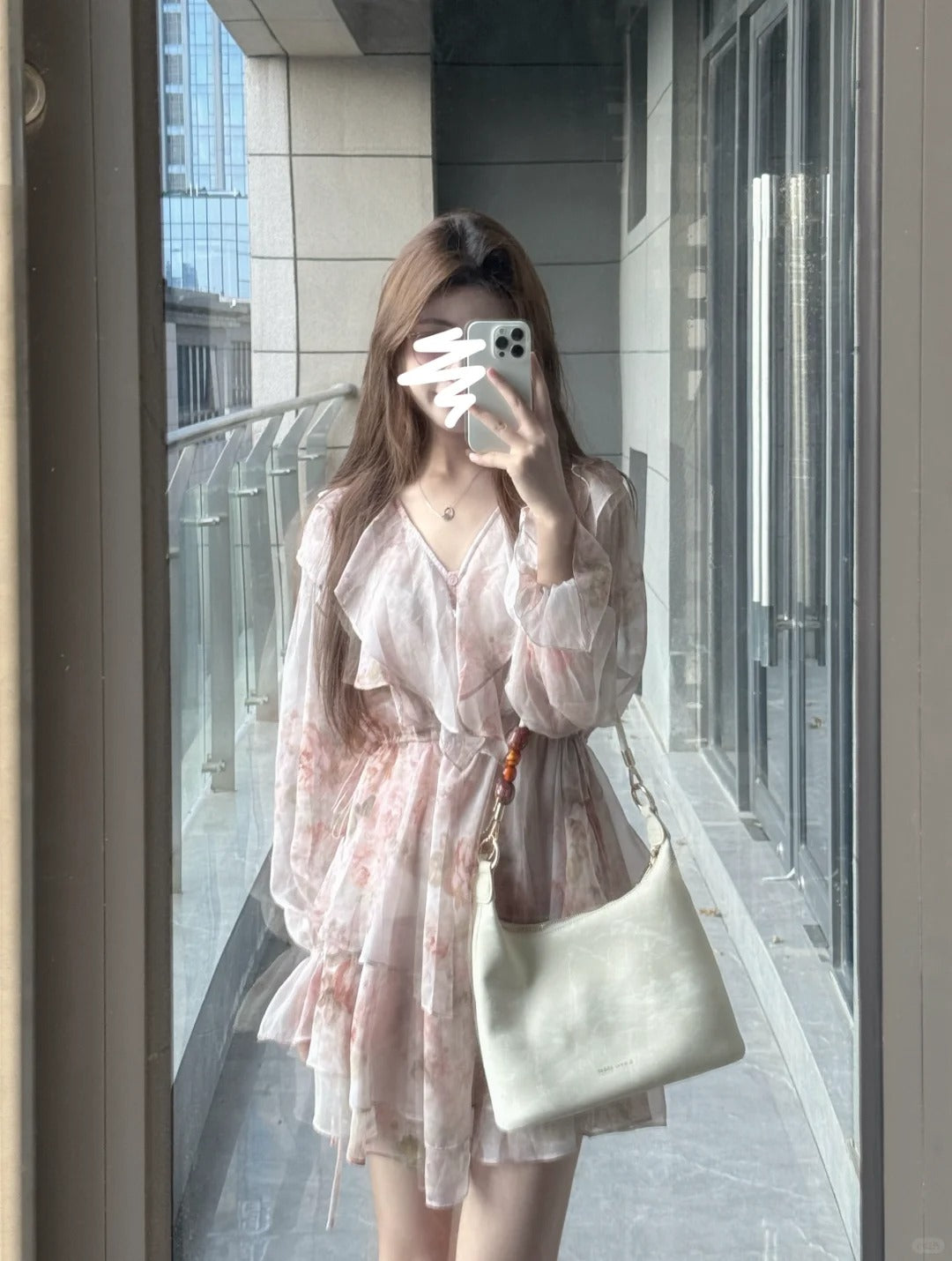 Chiffon Watercolor Print Long Sleeve A-Line Dress R9104