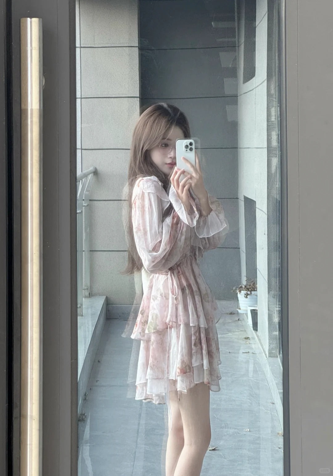 Chiffon Watercolor Print Long Sleeve A-Line Dress R9104