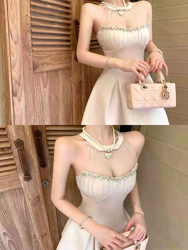 Elegant Sleeveless Crystal Halter Cocktail Dress for Women R9107