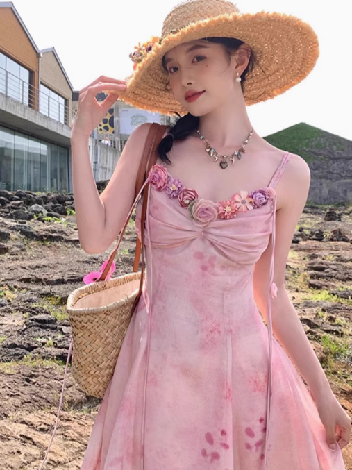 Tea break gentle style floral dress large size sweet holiday style pleated slim long skirt R1821