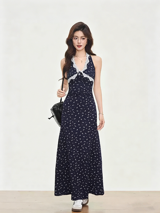 Navy Blue Y2K Floral Backless Halter Dress R9109