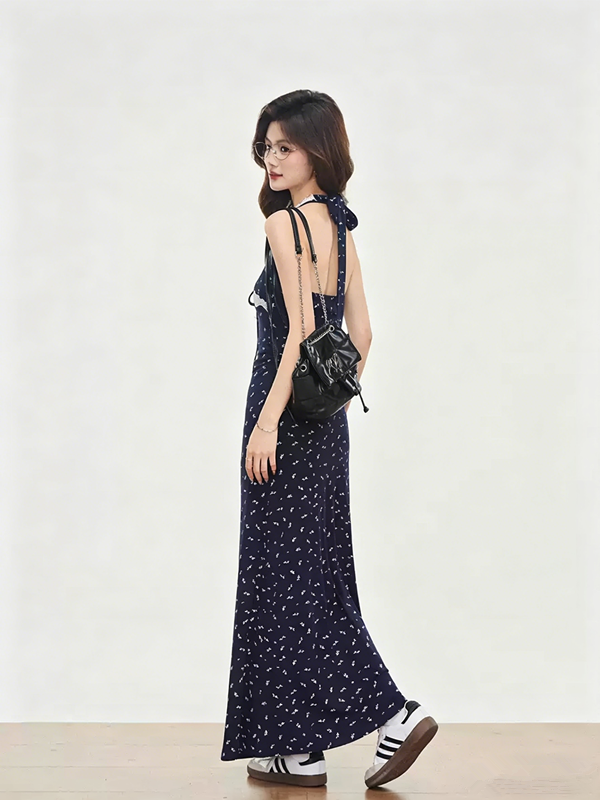 Navy Blue Y2K Floral Backless Halter Dress R9109