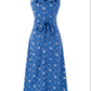 2025 Summer New Retro Blue Floral Ruffle Waist V-Neck Holiday Dress R0976
