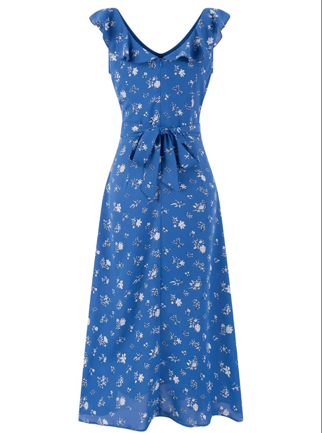 2025 Summer New Retro Blue Floral Ruffle Waist V-Neck Holiday Dress R0976
