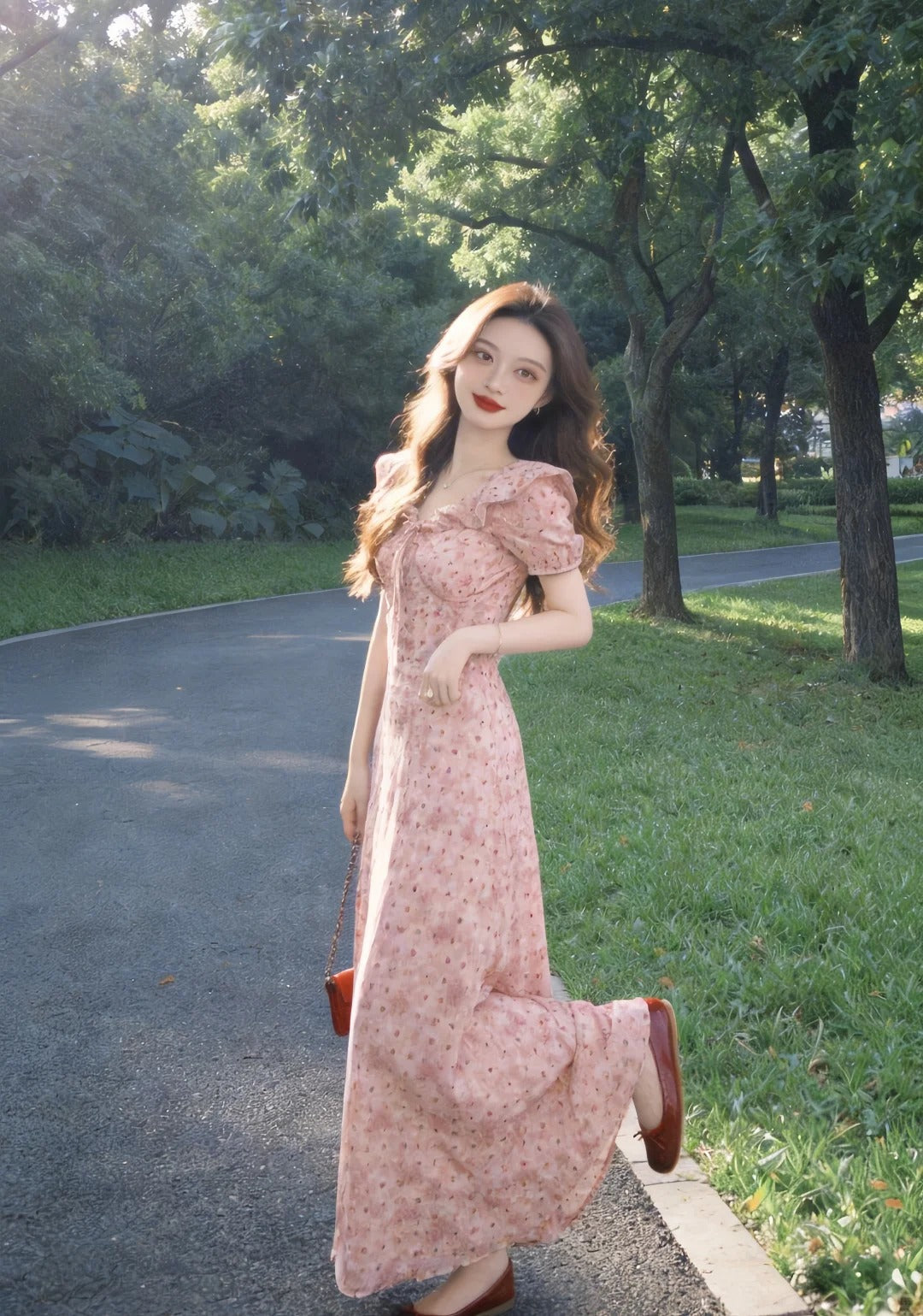 Summer Chiffon Floral Long Dress with Puff Sleeves R9110