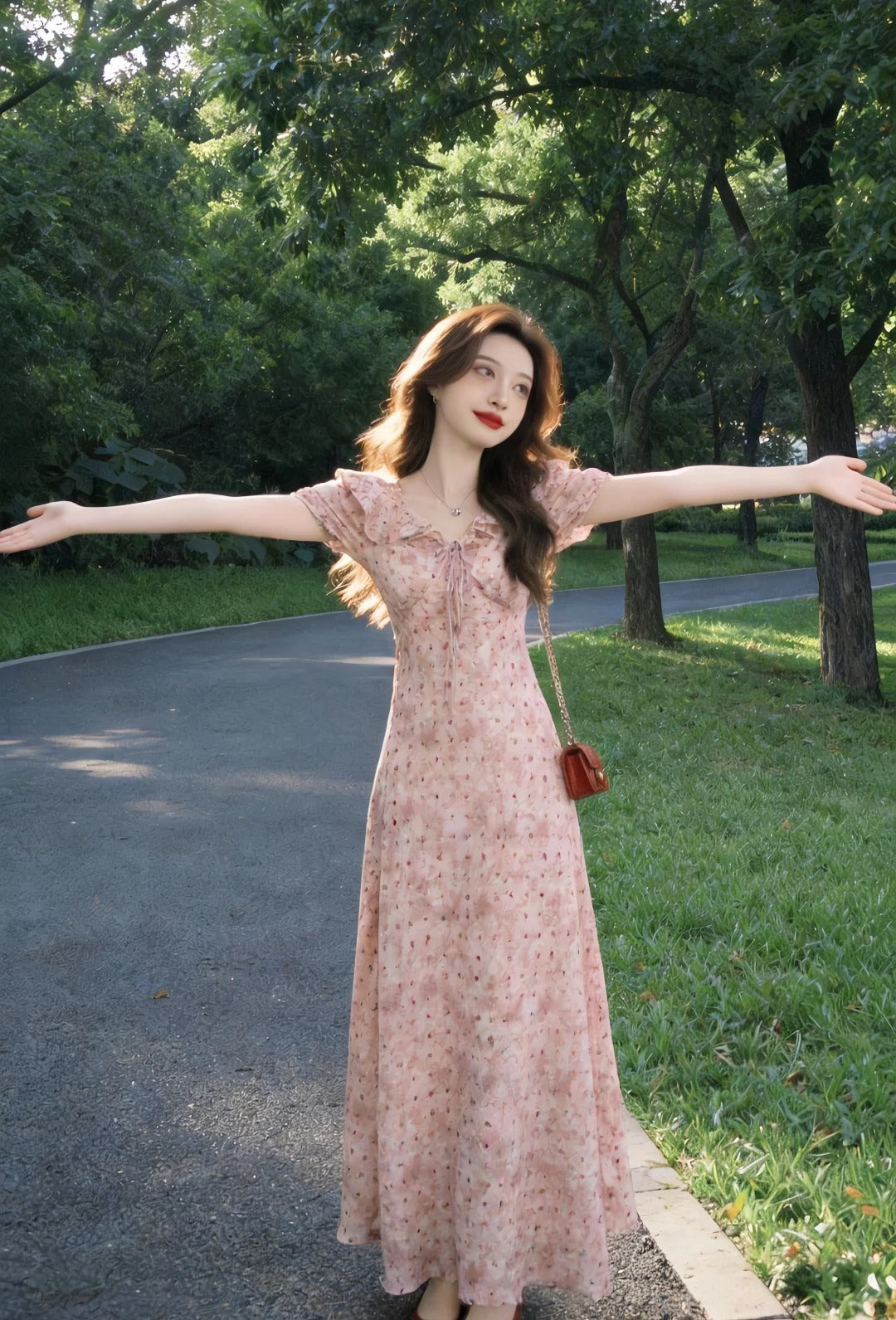 Summer Chiffon Floral Long Dress with Puff Sleeves R9110