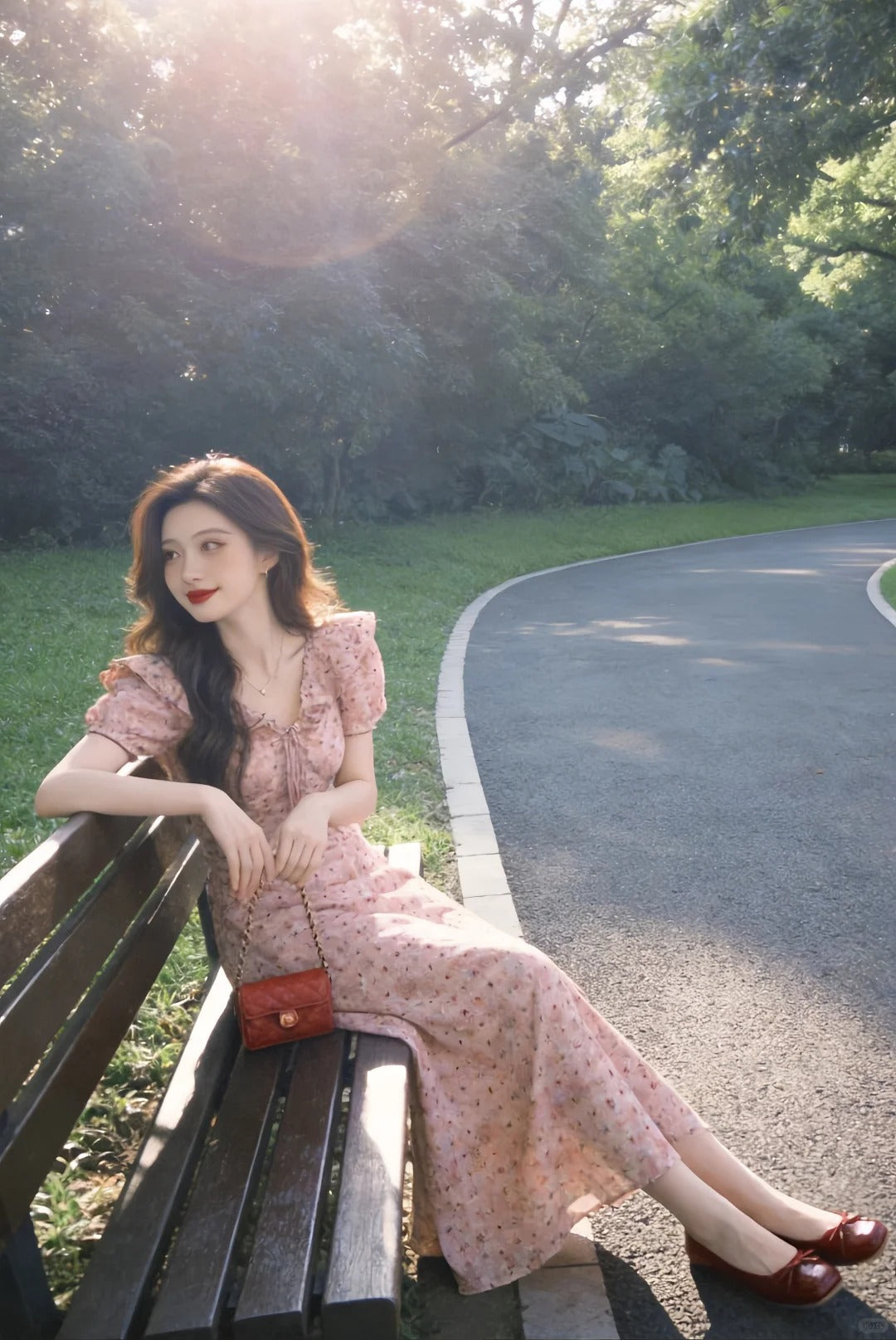 Summer Chiffon Floral Long Dress with Puff Sleeves R9110