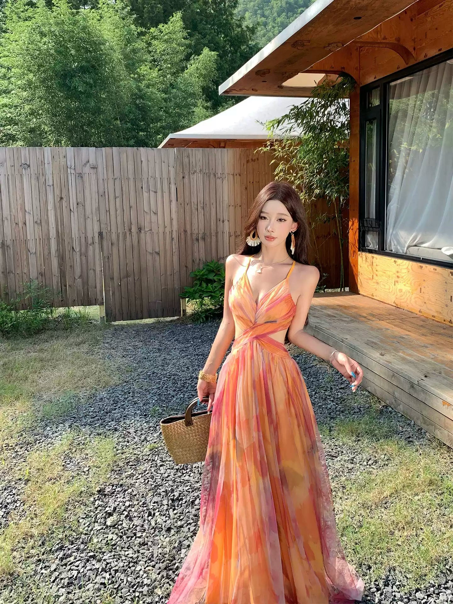 Backless Orange Floral Floor-Length Beach Dress R9111