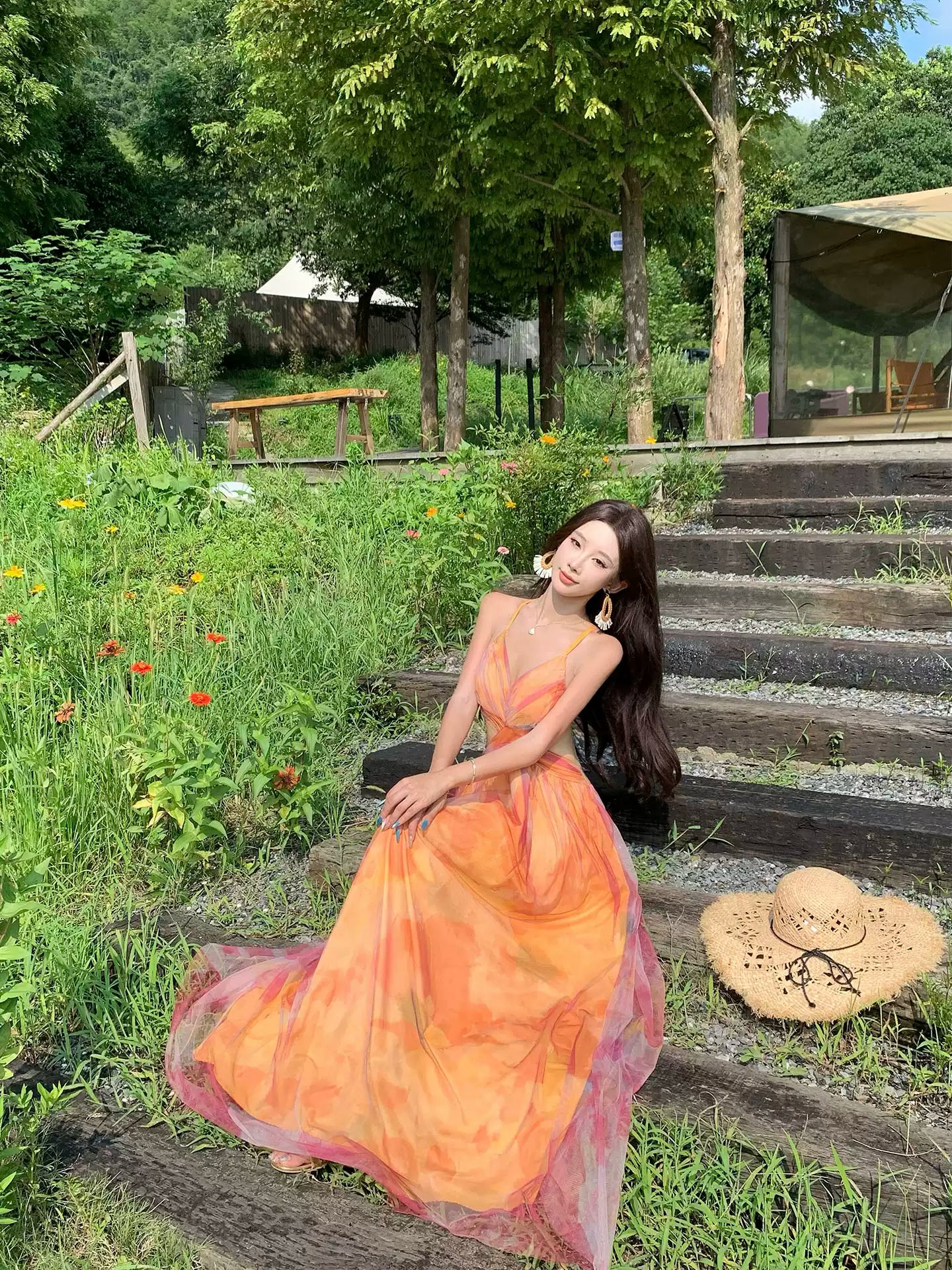 Backless Orange Floral Floor-Length Beach Dress R9111