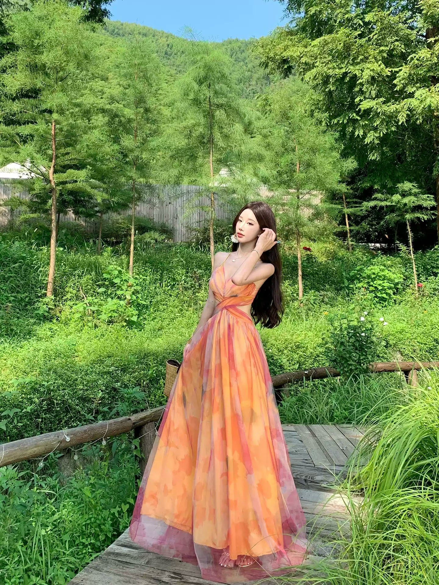 Backless Orange Floral Floor-Length Beach Dress R9111