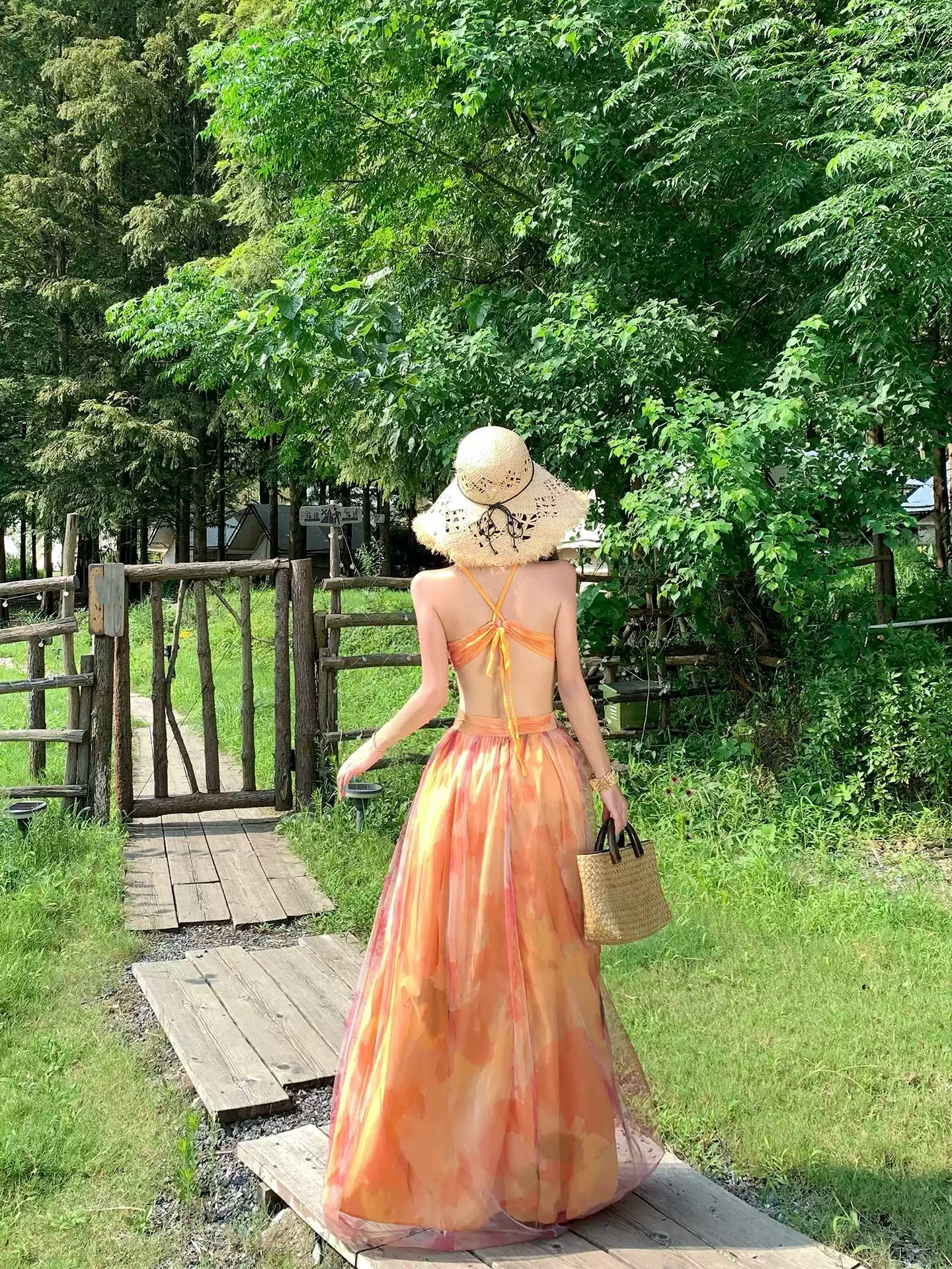 Backless Orange Floral Floor-Length Beach Dress R9111