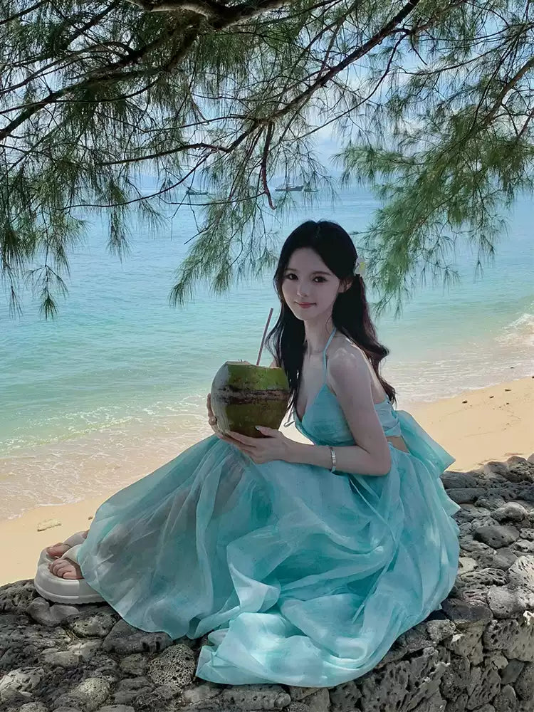 Mint Green Halter Neck Flowy Maxi Dress R9112