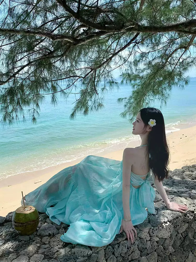 Mint Green Halter Neck Flowy Maxi Dress R9112