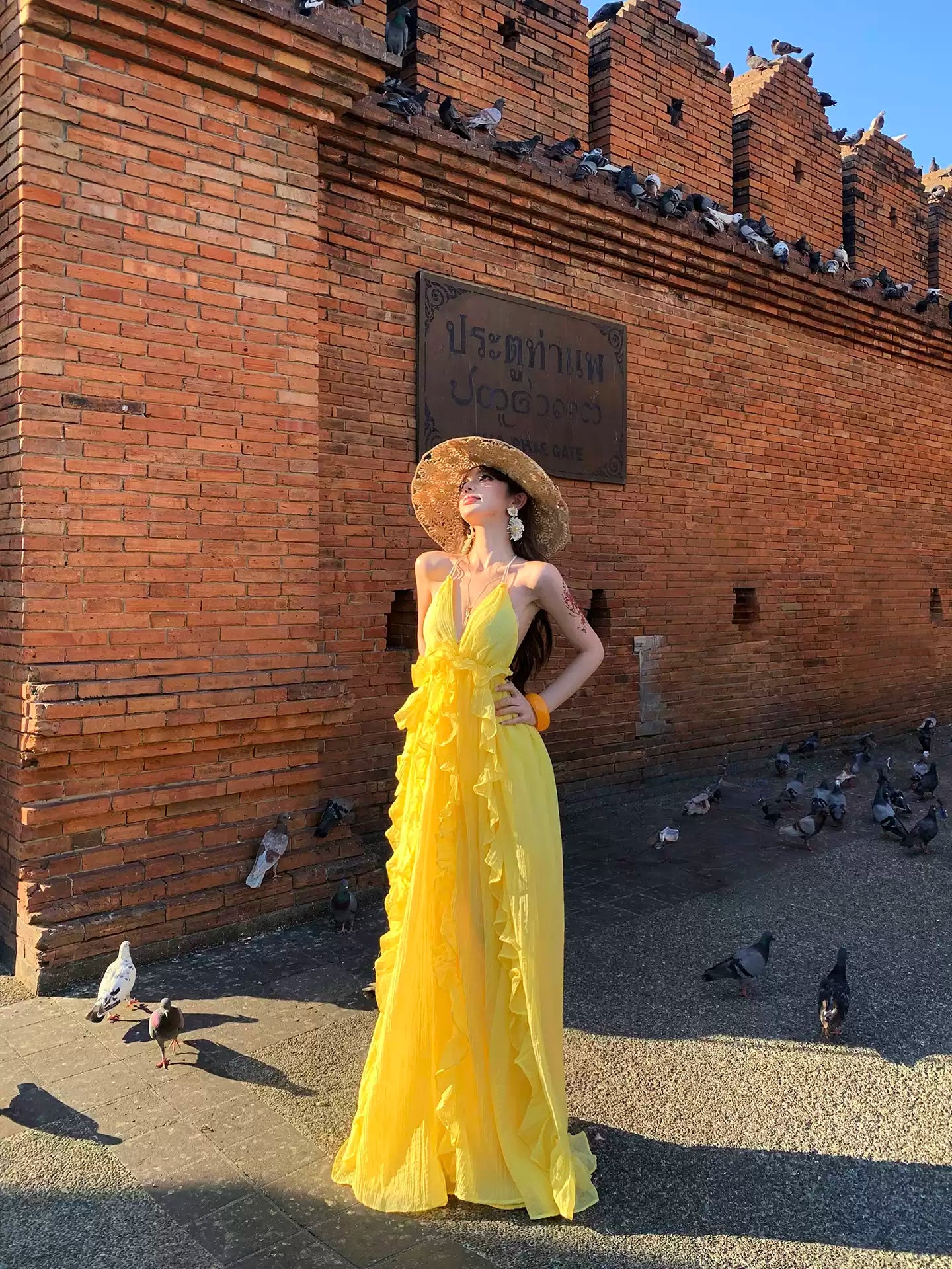 Dopamine Yellow Halter Neck Flowy Long Dress R9113