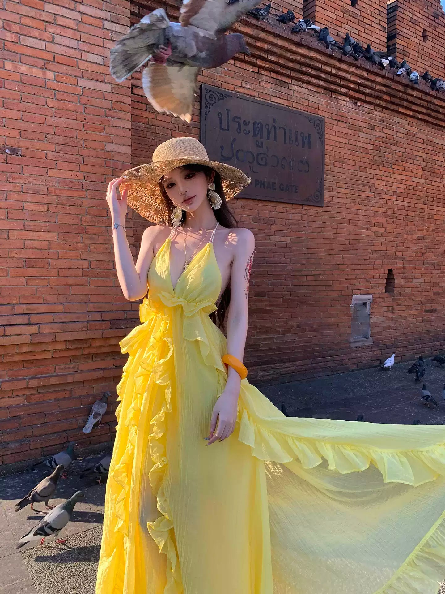 Dopamine Yellow Halter Neck Flowy Long Dress R9113