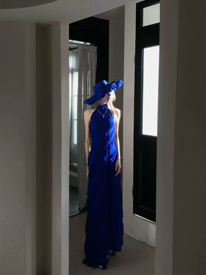 Elegant Blue Halter Backless Vacation Dress R9114