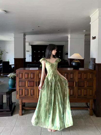 French Vintage Green Floral Chiffon Maxi Dress R9115