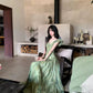 French Vintage Green Floral Chiffon Maxi Dress R9115