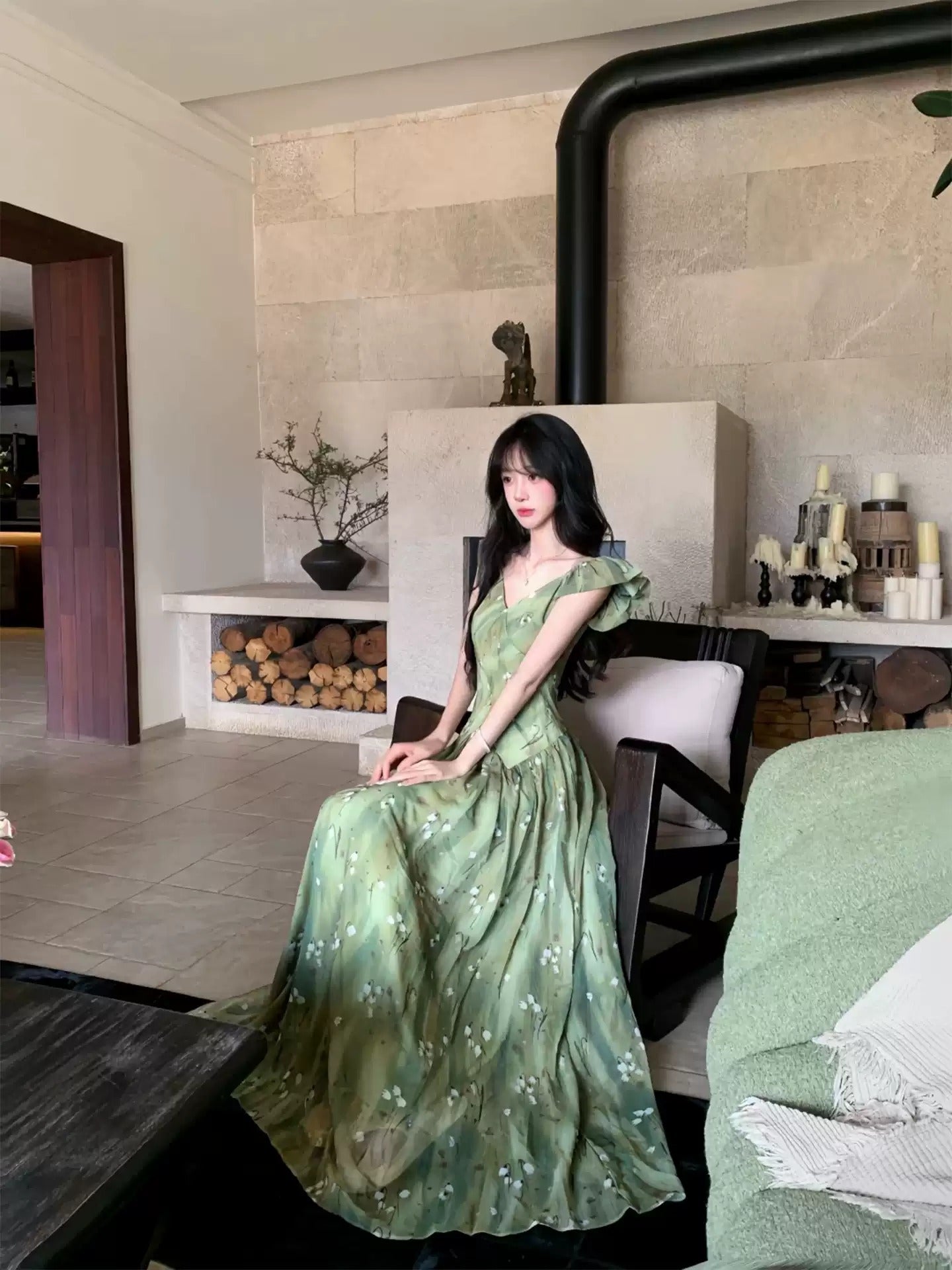 French Vintage Green Floral Chiffon Maxi Dress R9115