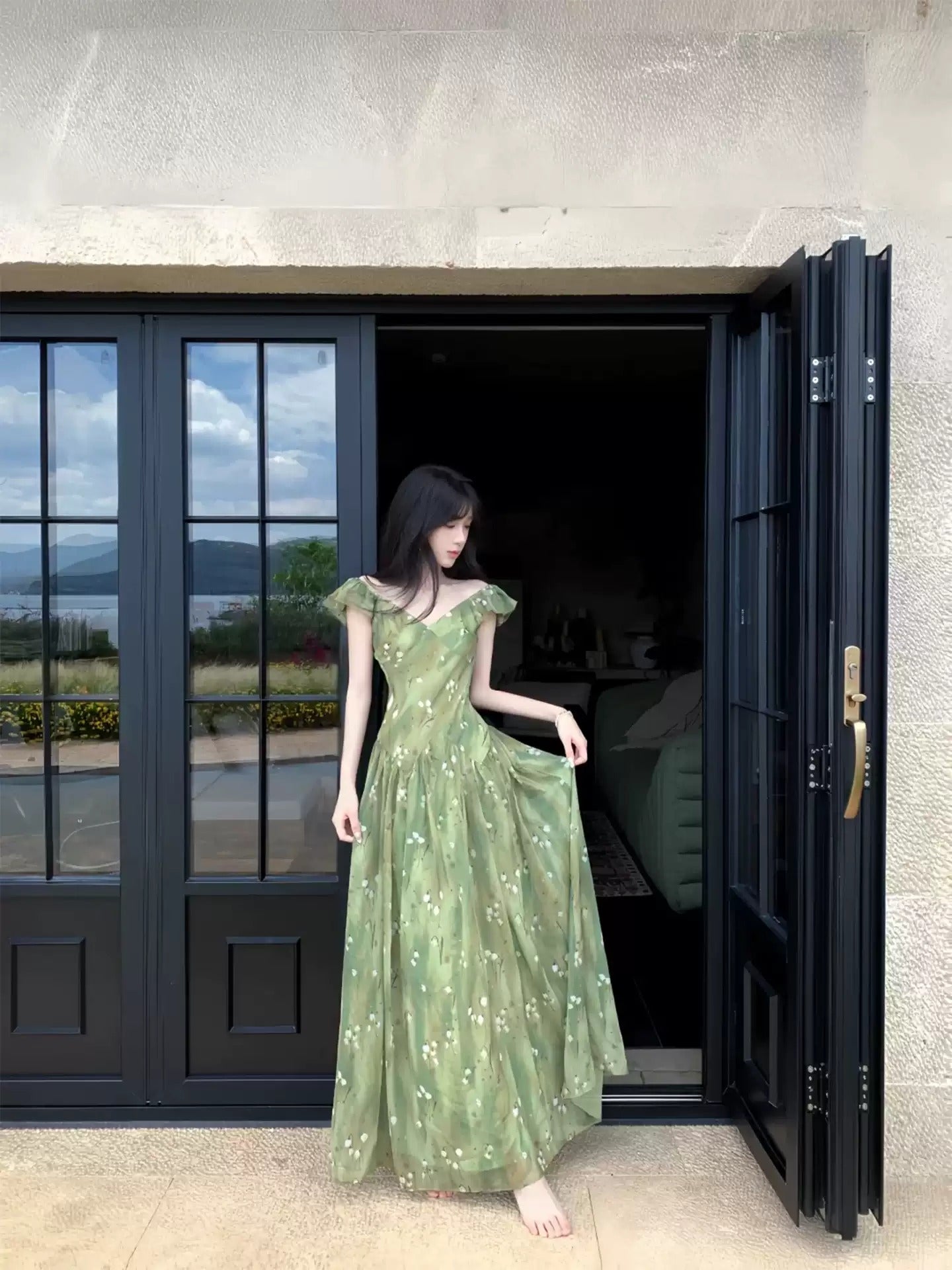 French Vintage Green Floral Chiffon Maxi Dress R9115