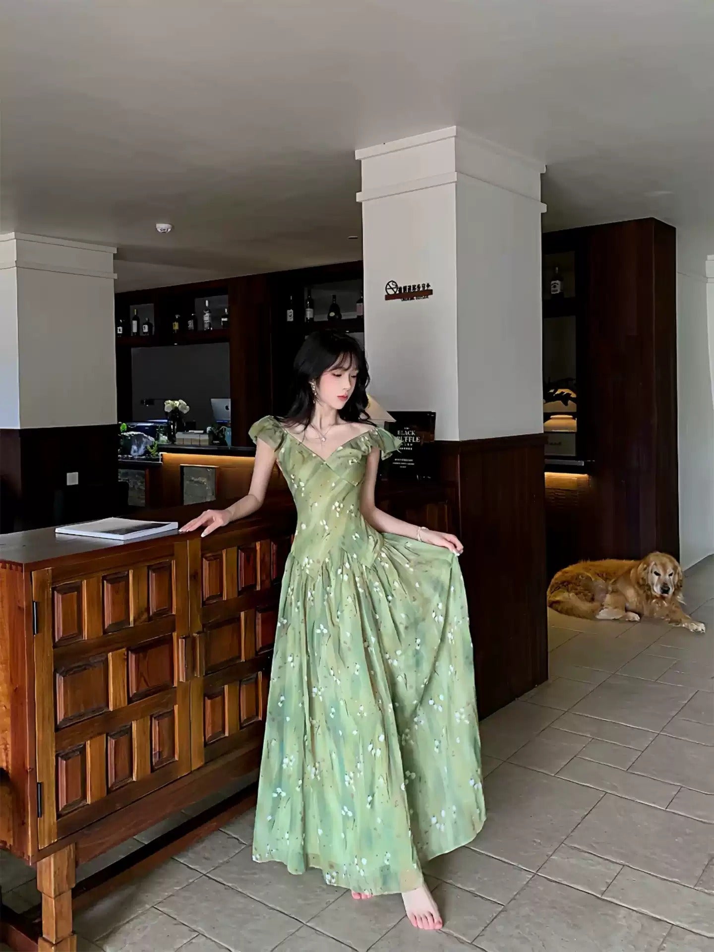 French Vintage Green Floral Chiffon Maxi Dress R9115