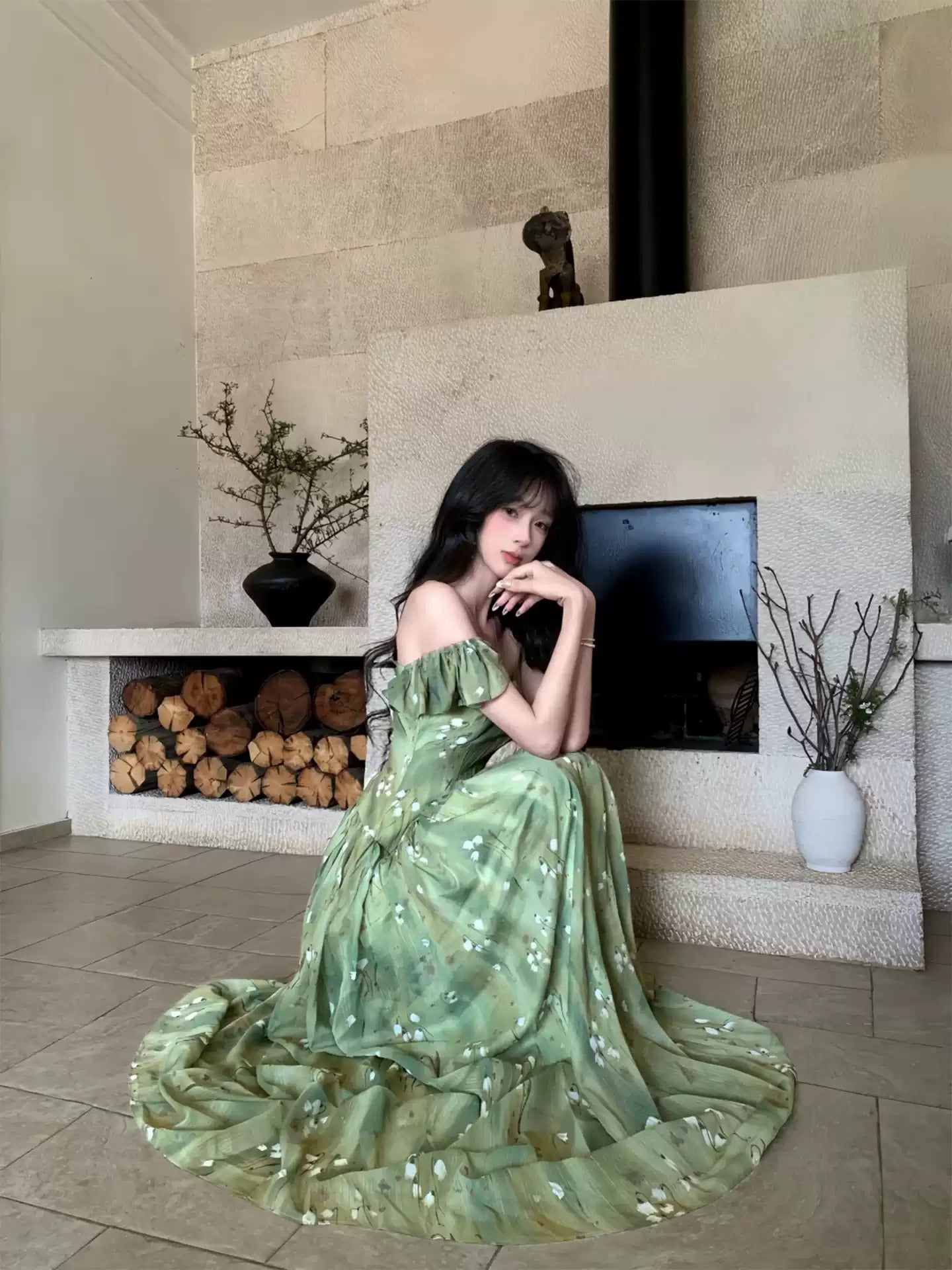French Vintage Green Floral Chiffon Maxi Dress R9115