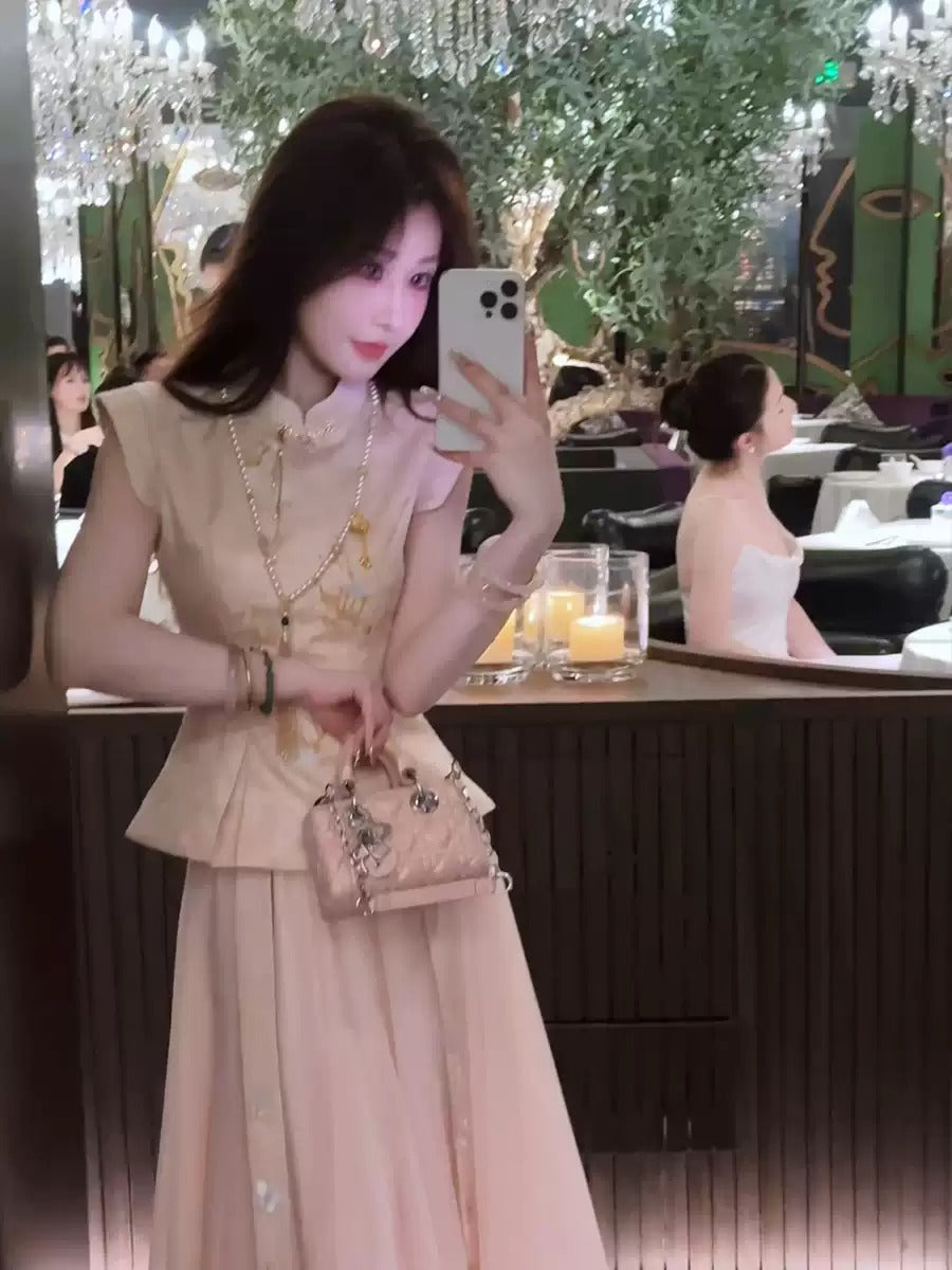 Chinese Embroidered Cheongsam Tulle Dress R9116