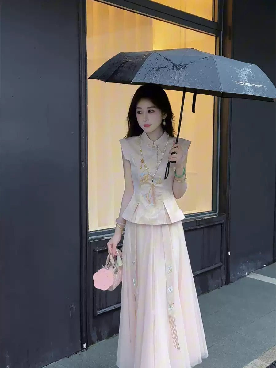 Chinese Embroidered Cheongsam Tulle Dress R9116