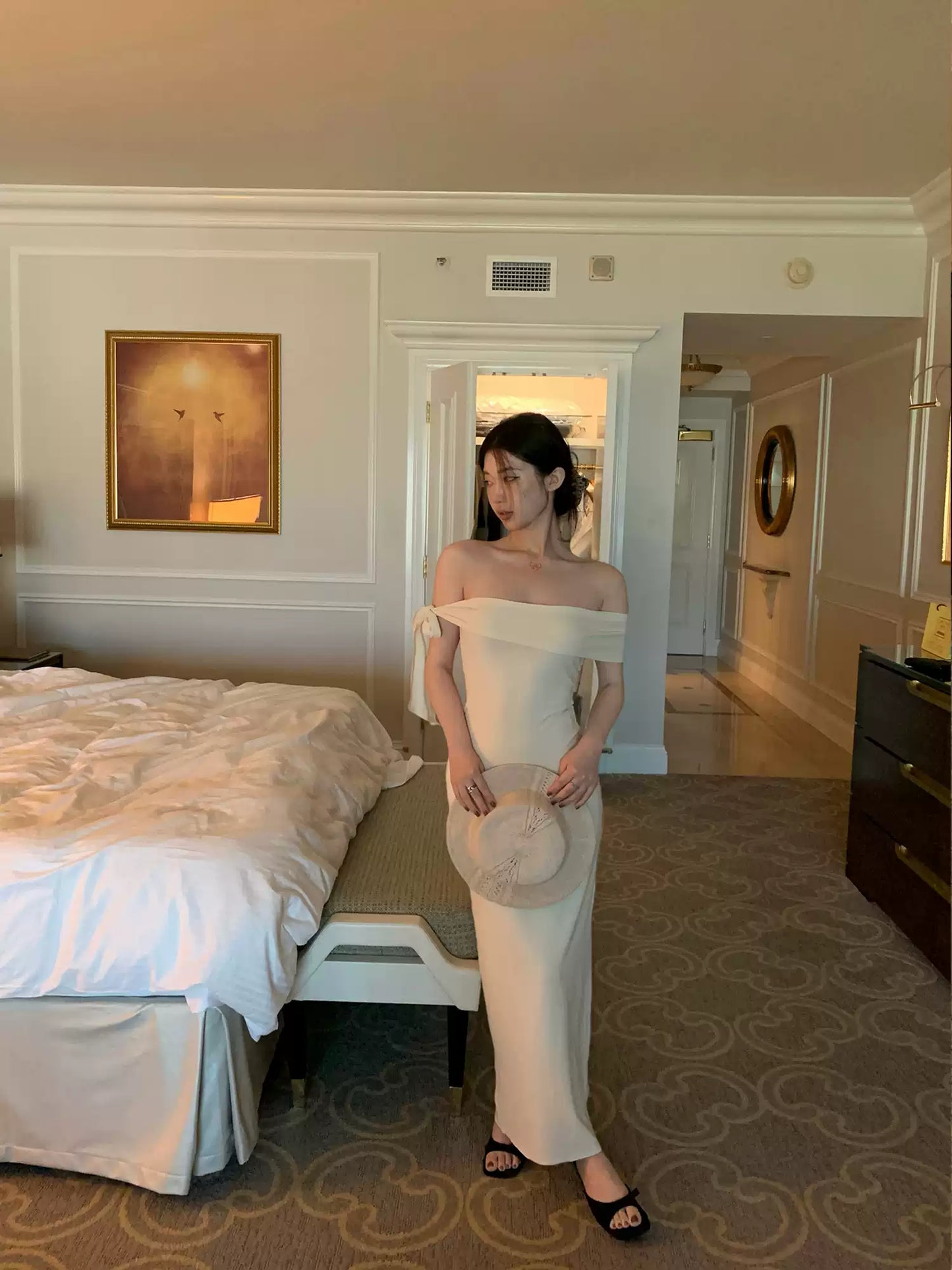 Elegant Off-Shoulder Tie Sleeve Midi Dress R9117
