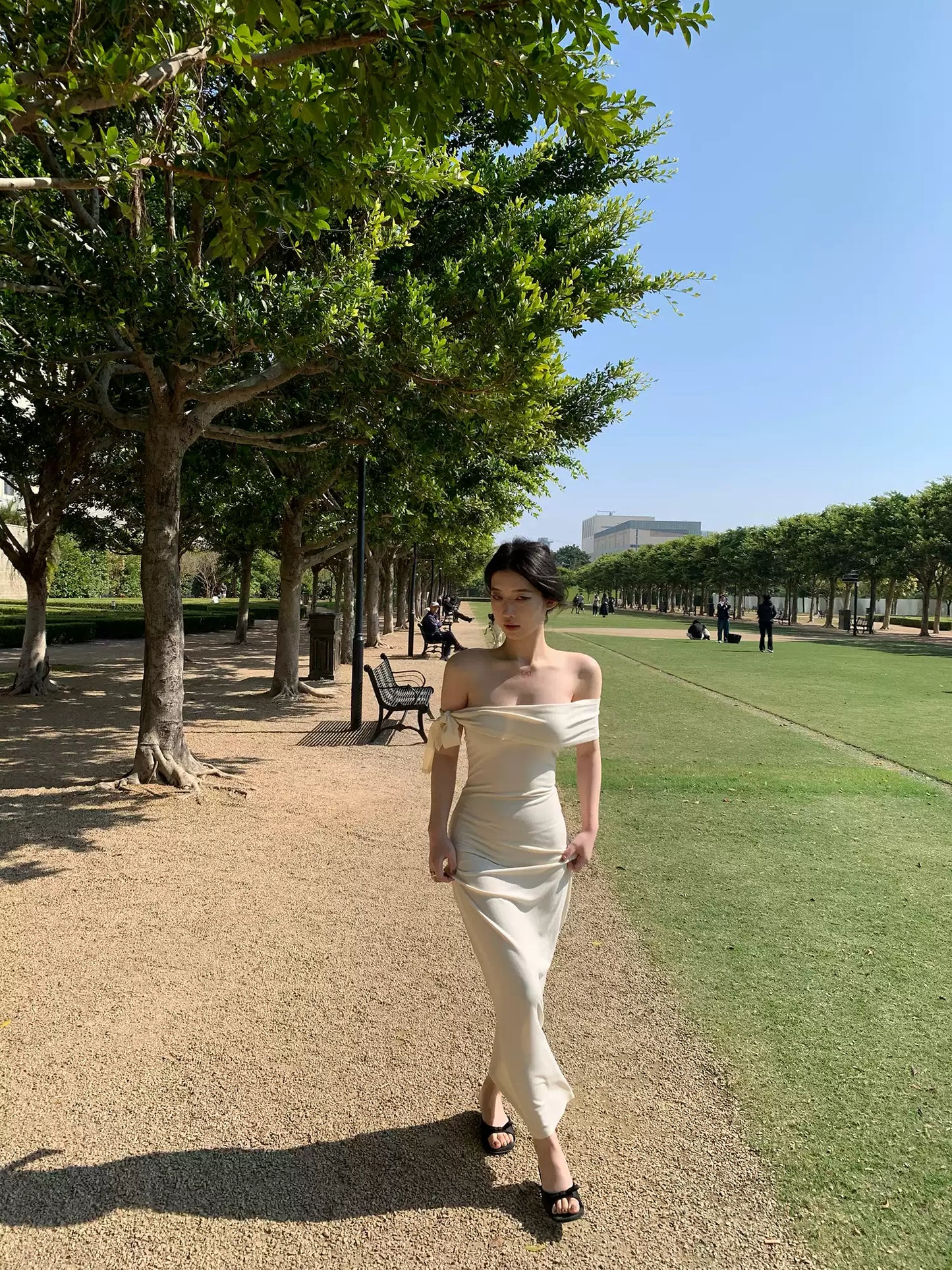 Elegant Off-Shoulder Tie Sleeve Midi Dress R9117