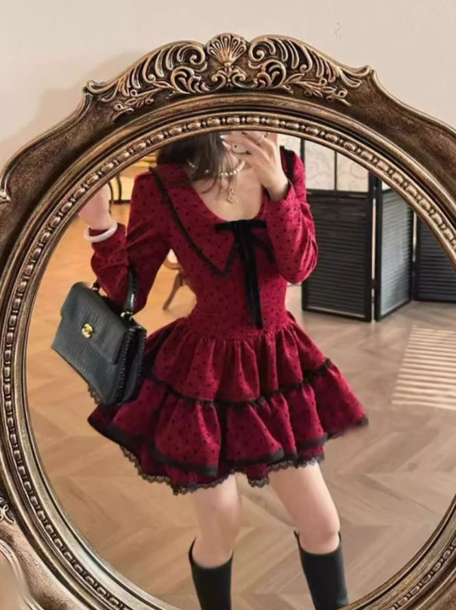 French retro polka dot contrast color dress new 2025 waist puffy cake skirt R1361