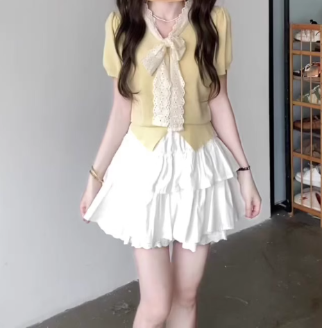 Suit skirt gentle temperament beautiful short-sleeved T-shirt A-line short skirt two-piece suit R0823