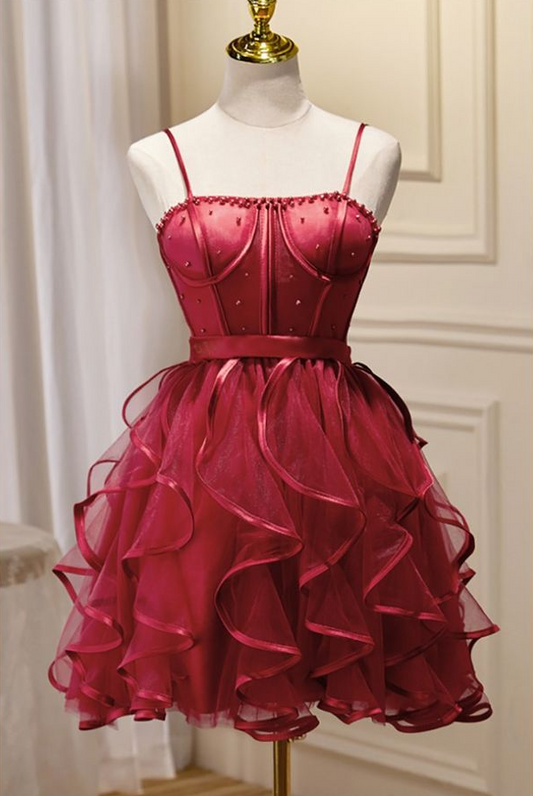 Charming Red Homecoming Dress ,A-Line Spaghetti Straps Pleated Corset Short Prom Dress Cami Dress RS1064