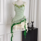 Summer pure slim fit irregular green top and skirt suit R2053