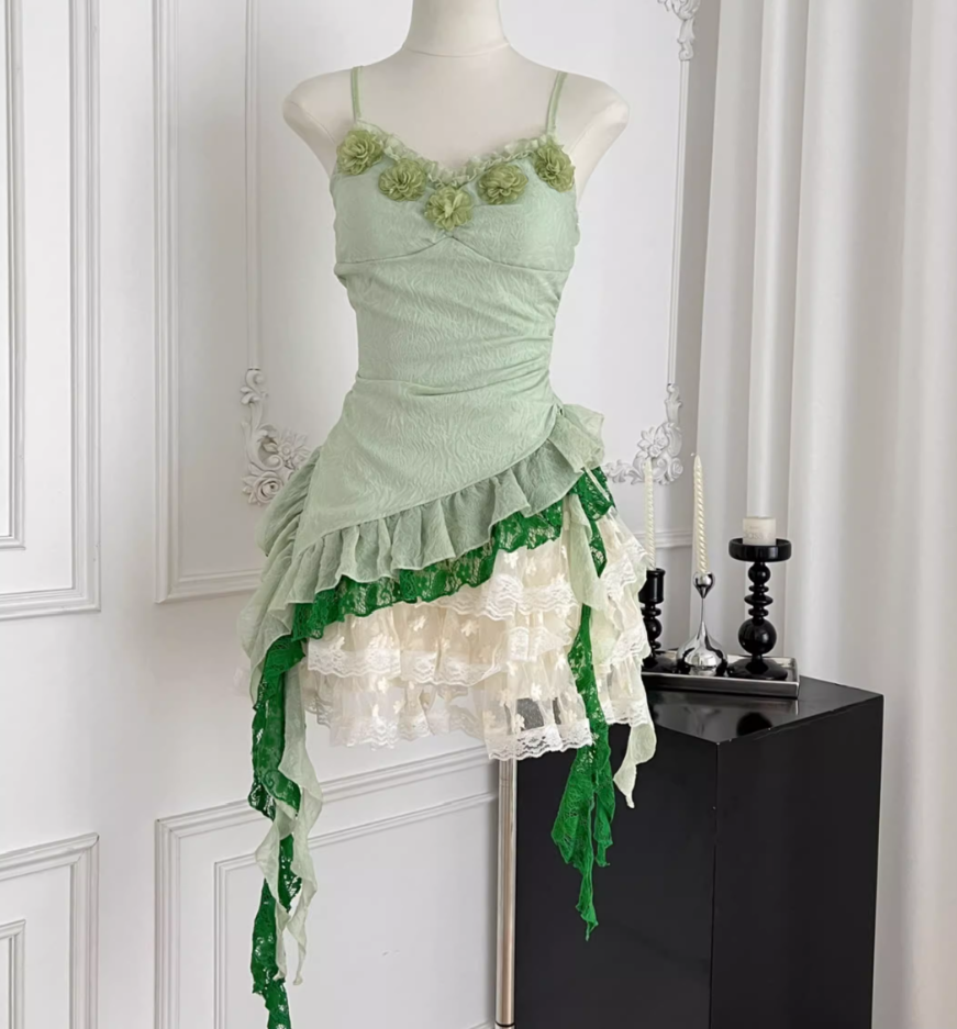 Summer pure slim fit irregular green top and skirt suit R2053