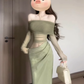 French style gentle temperament green one-shoulder hollow dress high-grade mesh waist banquet dress R0436