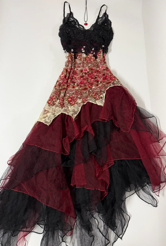 Elegant Contrast Prom Dress ,A-Line Spaghetti Straps Floral Pattern Frilled Evening Dress Cami Dress RS1073