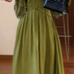 Green v-neck long-sleeved dress, niche style, no-collar retro waist temperament long skirt R0473
