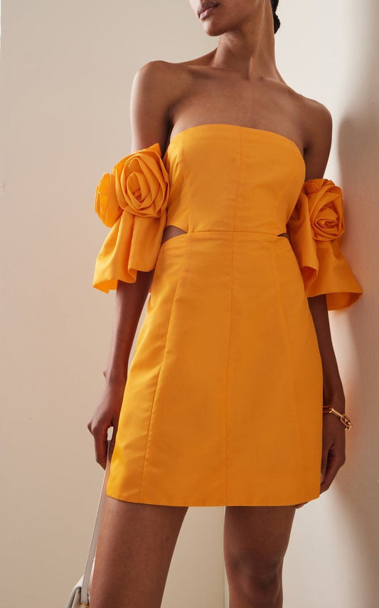 Retro yellow tube top design sleeves waist slim sexy short skirt homecoming dress R3665