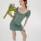 French style green plaid dress summer retro short skirt R2764